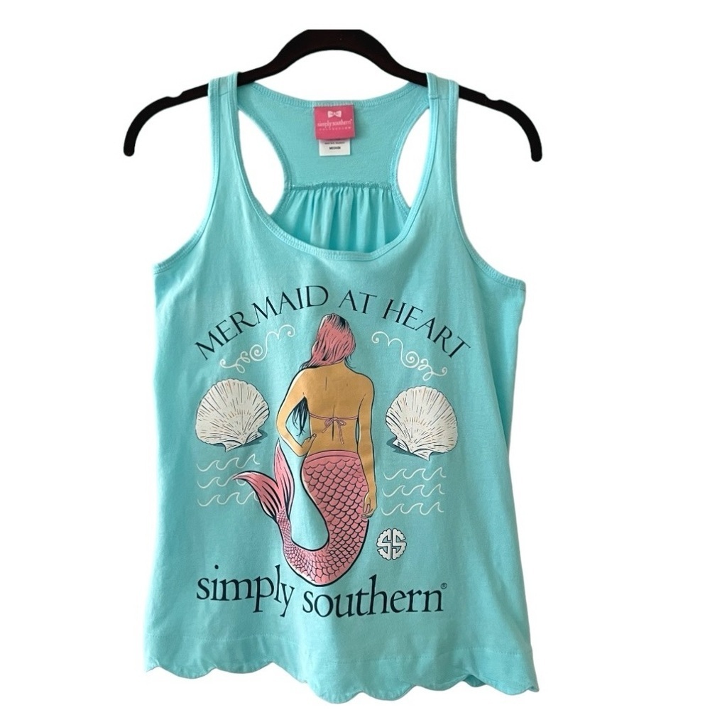 Simply Southern Mermaid at Heart Scalloped Aqua Tank Top Size Medium